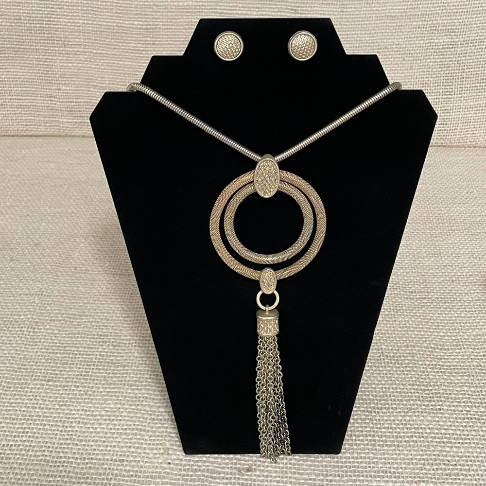 Chico's Gold Tone Necklace and Earring Set, Double Hoop and Tassel pendant,